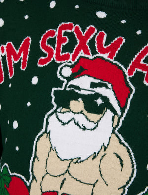 Men's Sexy And I Ho It Workout Motif Novelty Knitted Christmas Jumper in Holly Green - Merry Christmas