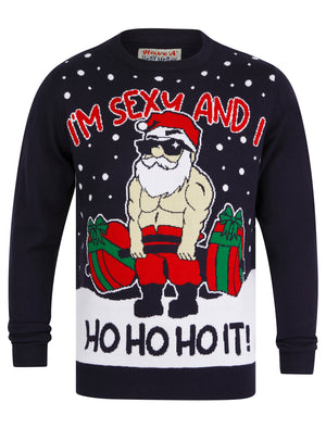 Men's Sexy And I Ho It Workout Motif Novelty Knitted Christmas Jumper in Ink - Merry Christmas