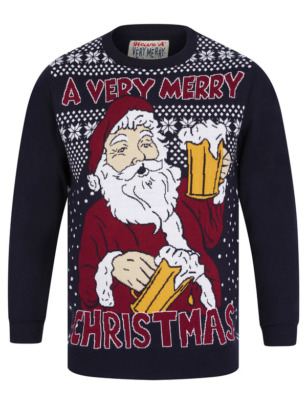 Men's Merry Santa Motif Novelty Knitted Christmas Jumper in Ink - Merry Christmas