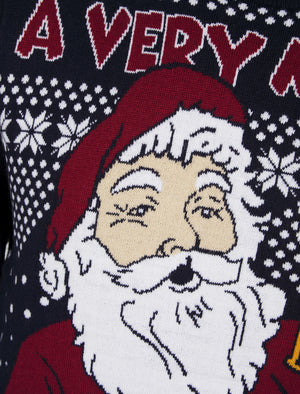 Men's Merry Santa Motif Novelty Knitted Christmas Jumper in Ink - Merry Christmas