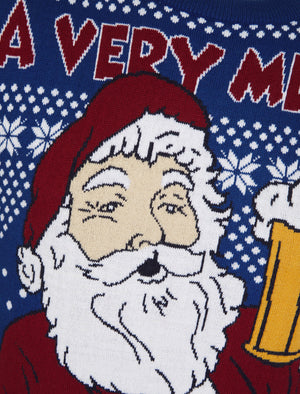 Men's Merry Santa Motif Novelty Knitted Christmas Jumper in Sapphire - Merry Christmas