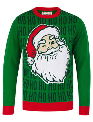 Men's Ho Ho Ho Santa Motif Novelty Knitted Christmas Jumper in Christmas Green - Merry Christmas