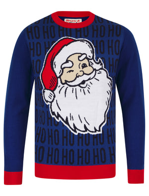 Men's Ho Ho Ho Santa Motif Novelty Knitted Christmas Jumper in Sapphire - Merry Christmas