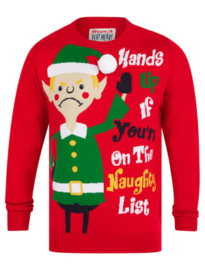 Men’s Hands Up Motif Novelty Knitted Christmas Jumper in George Red - Merry Christmas