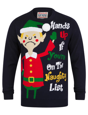 Men’s Hands Up Motif Novelty Knitted Christmas Jumper in Ink - Merry Christmas