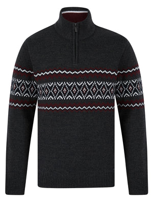 Casablanca Quarter Zip Fair Isle Knit Funnel Neck Jumper in Charcoal Twist  - Tokyo Laundry