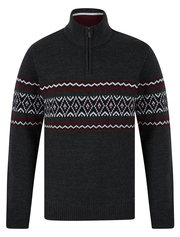Casablanca Quarter Zip Fair Isle Knit Funnel Neck Jumper in Charcoal Twist  - Tokyo Laundry