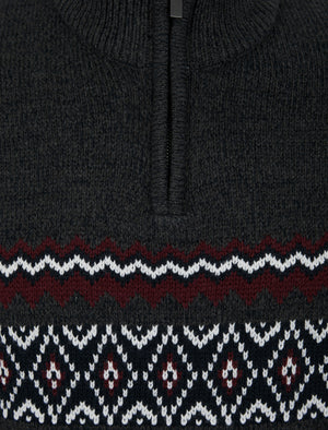 Casablanca Quarter Zip Fair Isle Knit Funnel Neck Jumper in Charcoal Twist  - Tokyo Laundry