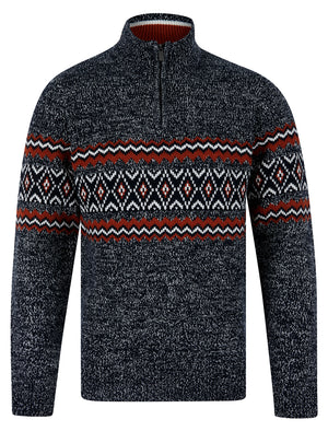 Casablanca Quarter Zip Fair Isle Knit Funnel Neck Jumper in Navy Twist - Tokyo Laundry