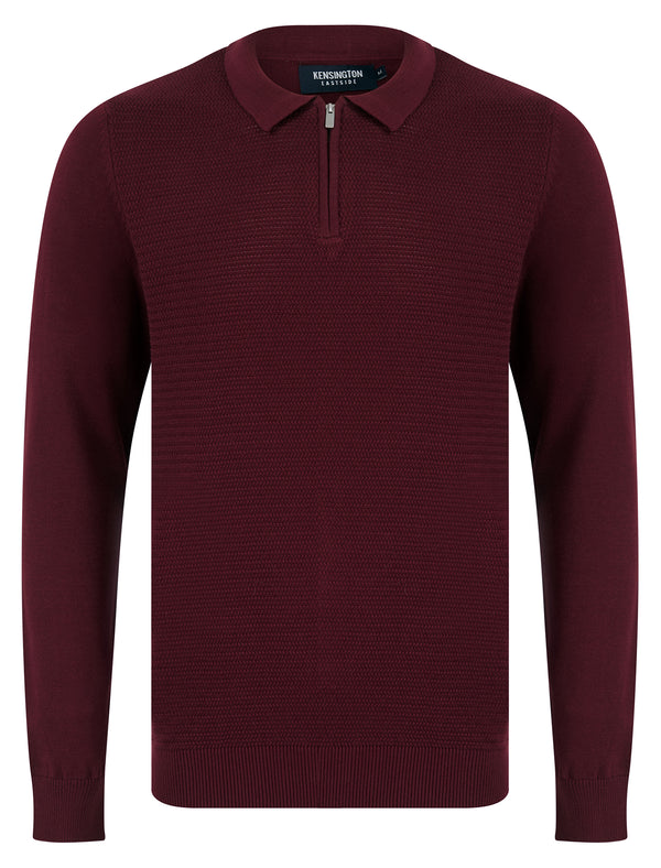 Kemper Long Sleeve Knitted Cotton Textured Basket Weave Polo Shirt with Zip Fasten Collar in Claret - Kensington Eastside