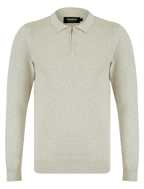 Kemper Long Sleeve Knitted Cotton Textured Basket Weave Polo Shirt with Zip Fasten Collar in Oatgrey Marl - Kensington Eastside