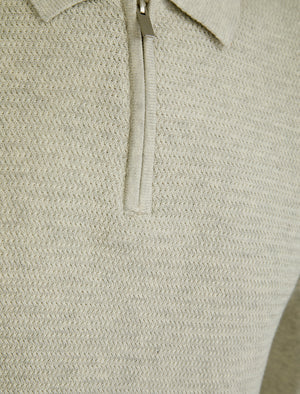 Kemper Long Sleeve Knitted Cotton Textured Basket Weave Polo Shirt with Zip Fasten Collar in Oatgrey Marl - Kensington Eastside