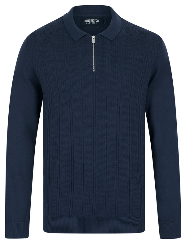 Bowditch Long Sleeve Knitted Cotton Textured Stripe Polo Shirt with Zip Fasten Collar in Denim - Kensington Eastside