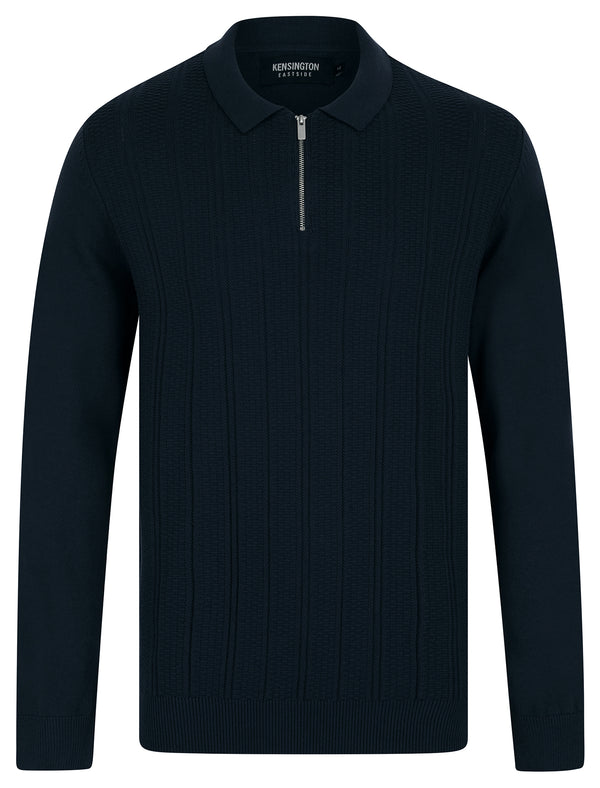Bowditch Long Sleeve Knitted Cotton Textured Stripe Polo Shirt with Zip Fasten Collar in Ink - Kensington Eastside
