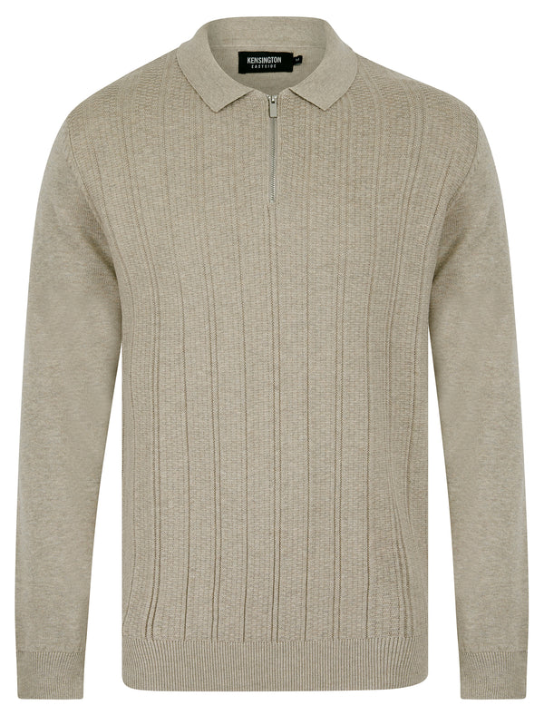 Bowditch Long Sleeve Knitted Cotton Textured Stripe Polo Shirt with Zip Fasten Collar in Stone Marl - Kensington Eastside