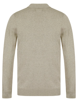 Bowditch Long Sleeve Knitted Cotton Textured Stripe Polo Shirt with Zip Fasten Collar in Stone Marl - Kensington Eastside
