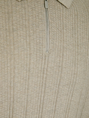 Bowditch Long Sleeve Knitted Cotton Textured Stripe Polo Shirt with Zip Fasten Collar in Stone Marl - Kensington Eastside