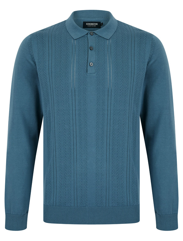 Wrubel Long Sleeve Knitted Cotton Textured Pointelle Stitch Polo Shirt in Blue Bird - Kensington Eastside