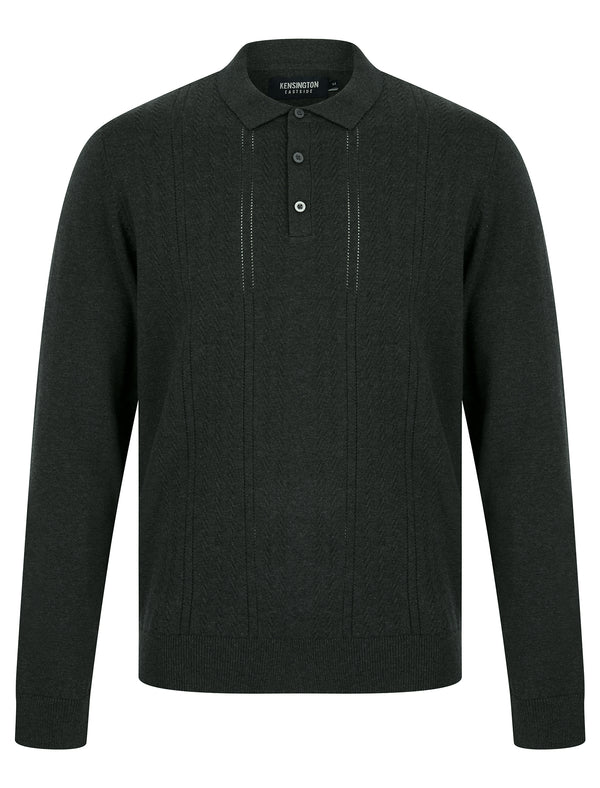 Wrubel Long Sleeve Knitted Cotton Textured Pointelle Stitch Polo Shirt in Charcoal Marl - Kensington Eastside