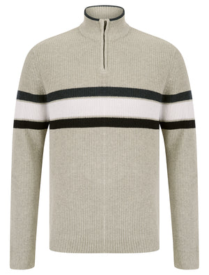 Geoffrey Striped Quarter Zip Neck Knit Jumper in Light Silver Marl - Kensington Eastside