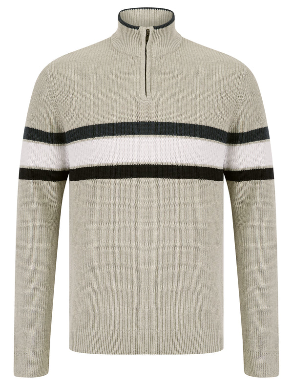 Geoffrey Striped Quarter Zip Neck Knit Jumper in Light Silver Marl - Kensington Eastside