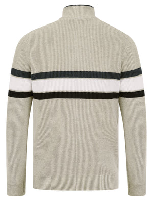 Geoffrey Striped Quarter Zip Neck Knit Jumper in Light Silver Marl - Kensington Eastside