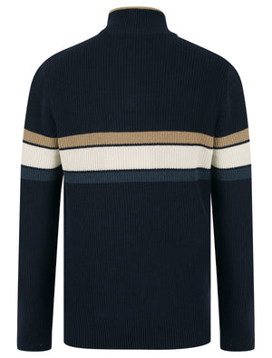 Geoffrey Striped Quarter Zip Neck Knit Jumper in Sky Captain Navy - Kensington Eastside