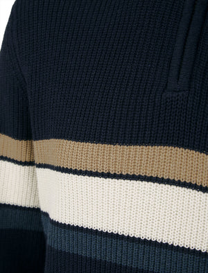 Geoffrey Striped Quarter Zip Neck Knit Jumper in Sky Captain Navy - Kensington Eastside