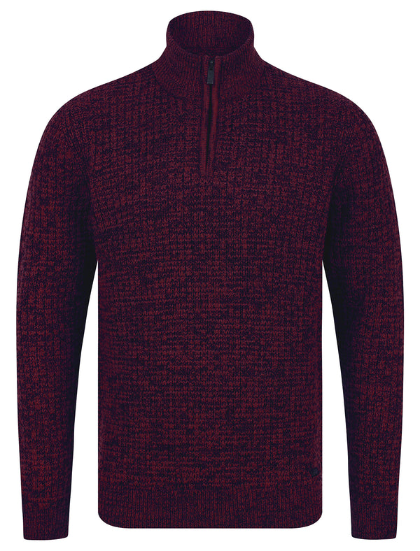 Merson Quarter Zip Funnel Neck Wool Blend Knitted Jumper in Claret / Black Twist - Tokyo Laundry