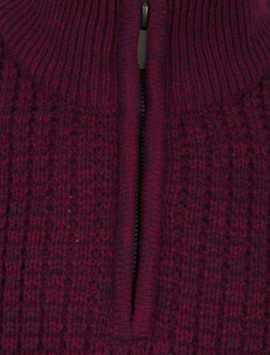 Merson Quarter Zip Funnel Neck Wool Blend Knitted Jumper in Claret / Black Twist - Tokyo Laundry