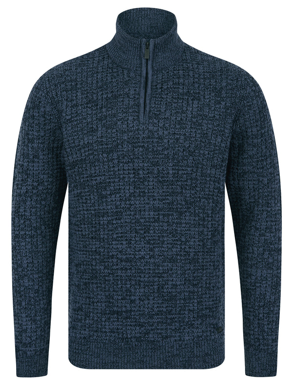 Merson Quarter Zip Funnel Neck Wool Blend Knitted Jumper in Denim Twist - Tokyo Laundry