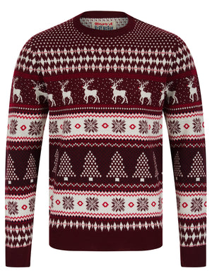 Men's Milat Jacquard Nordic Fair isle Christmas Jumper in Claret- Merry Christmas