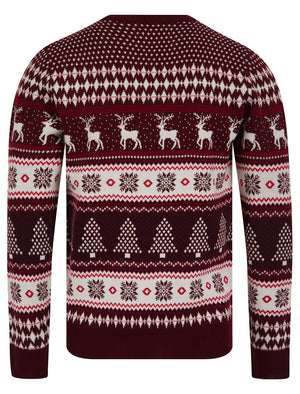 Men's Milat Jacquard Nordic Fair isle Christmas Jumper in Claret- Merry Christmas