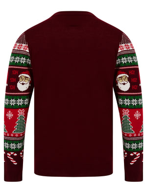 Men's Abie Wrapping Paper Pattern Novelty Knitted Christmas Jumper in Claret - Merry Christmas