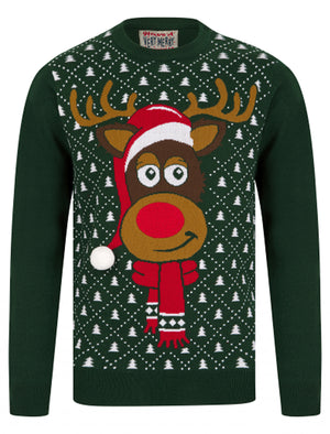 Men's Santa Hat Motif Novelty Christmas Jumper in Holly Green - Merry Christmas