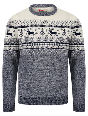 Men's Rifkin Jacquard Nordic Fair Isle Knitted Christmas Jumper in Navy Twist  - Merry Christmas