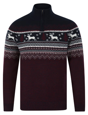 Men's Wayne Nordic Fair Isle Jacquard Knit Christmas Jumper with Quarter Zip Funnel Neck in Ink - Merry Christmas