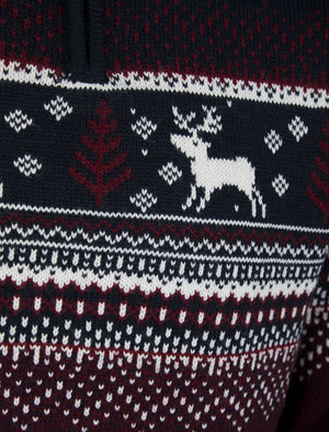 Men's Wayne Nordic Fair Isle Jacquard Knit Christmas Jumper with Quarter Zip Funnel Neck in Ink - Merry Christmas