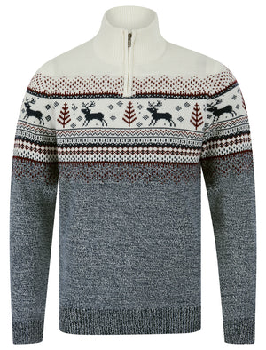 Men's Wayne Nordic Fair Isle Jacquard Knit Christmas Jumper with Quarter Zip Funnel Neck in Laundered Ecru - Merry Christmas