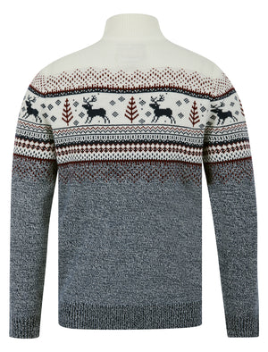 Men's Wayne Nordic Fair Isle Jacquard Knit Christmas Jumper with Quarter Zip Funnel Neck in Laundered Ecru - Merry Christmas