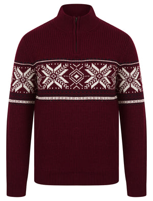 Men's Gacy Nordic Fair Isle Jacquard Knit Christmas Jumper with Quarter Zip Funnel Neck in Claret - Merry Christmas