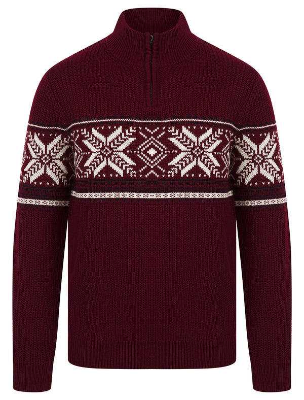 Men's Gacy Nordic Fair Isle Jacquard Knit Christmas Jumper with Quarter Zip Funnel Neck in Claret - Merry Christmas