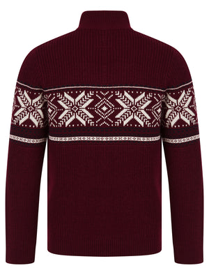 Men's Gacy Nordic Fair Isle Jacquard Knit Christmas Jumper with Quarter Zip Funnel Neck in Claret - Merry Christmas