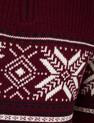 Men's Gacy Nordic Fair Isle Jacquard Knit Christmas Jumper with Quarter Zip Funnel Neck in Claret - Merry Christmas