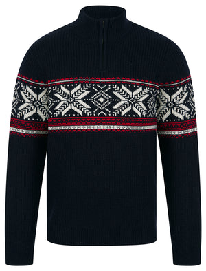 Men's Gacy Nordic Fair Isle Jacquard Knit Christmas Jumper with Quarter Zip Funnel Neck in Ink - Merry Christmas