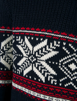 Men's Gacy Nordic Fair Isle Jacquard Knit Christmas Jumper with Quarter Zip Funnel Neck in Ink - Merry Christmas