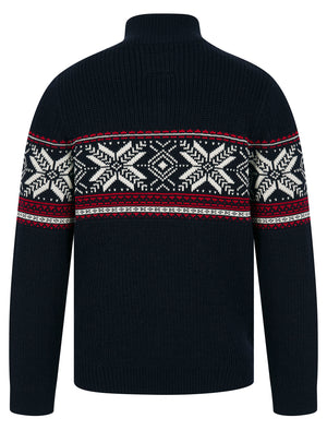 Men's Gacy Nordic Fair Isle Jacquard Knit Christmas Jumper with Quarter Zip Funnel Neck in Ink - Merry Christmas