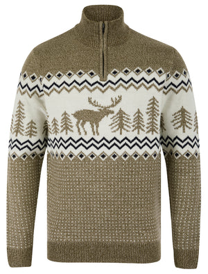 Men's Hindley Nordic Fair Isle Jacquard Knit Christmas Jumper with Quarter Zip Funnel Neck in Truffle Twist - Merry Christmas