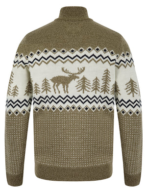 Men's Hindley Nordic Fair Isle Jacquard Knit Christmas Jumper with Quarter Zip Funnel Neck in Truffle Twist - Merry Christmas