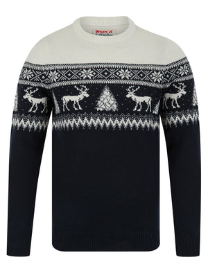 Men's Weststag Jacquard Nordic Fair Isle Knitted Christmas Jumper in Cream Grey - Merry Christmas